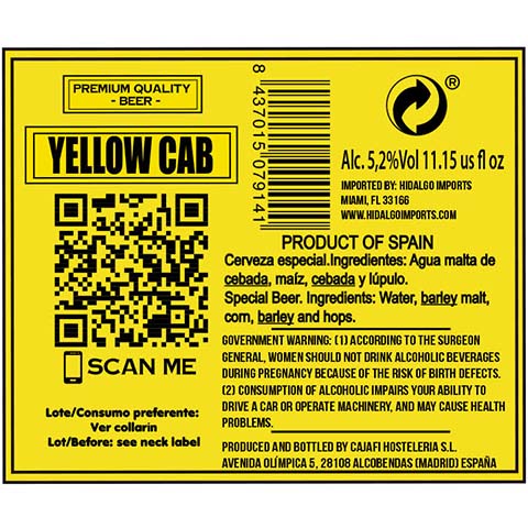 Yellow Cab Beer by Hidalgo Imports, beer label