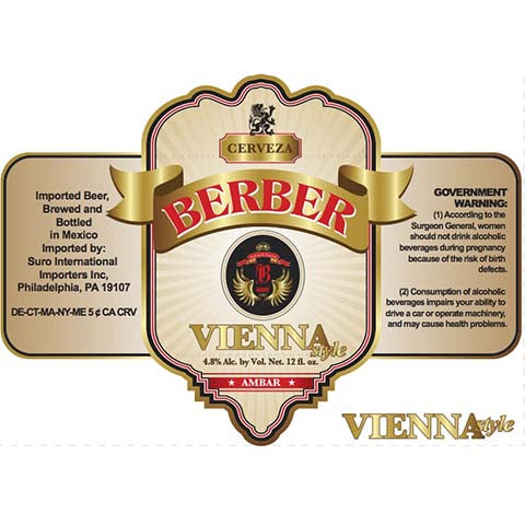 Berber Vienna Style Beer by Suro International Importers Inc., beer label