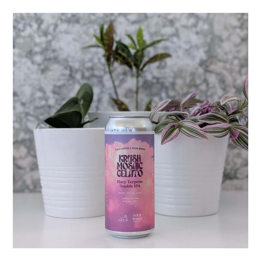 x Four Winds Brewing Co. Krush Mosaic Gelato Hazy Terpene Double IPA by Field House Brewing Co., beer label