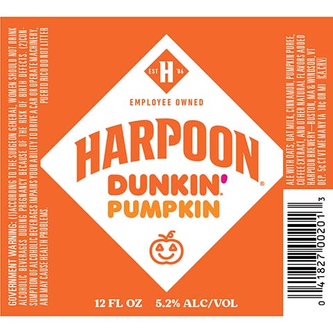 Harpoon Dunkin' Pumpkin Ale by Harpoon Brewery, beer label