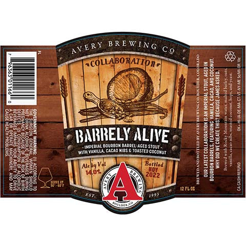 Avery Barrely Alive Stout by Avery Brewing Co, beer label