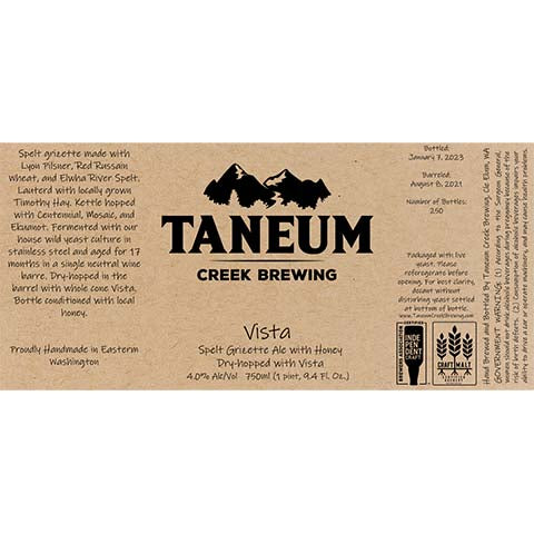 Taneum Vista Grisette Ale by Taneum Creek Brewing, beer label
