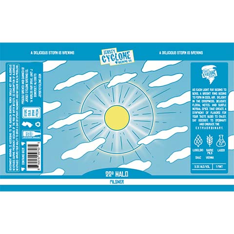Jersey Cyclone 22° Halo Pilsner by Jersey Cyclone Brewing Company, beer label