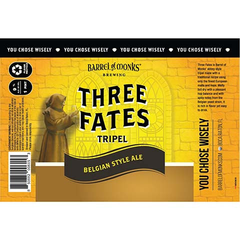 Barrel of Monks Three Fates Tripel Belgian Style Ale by Barrel of Monks Brewing, beer label