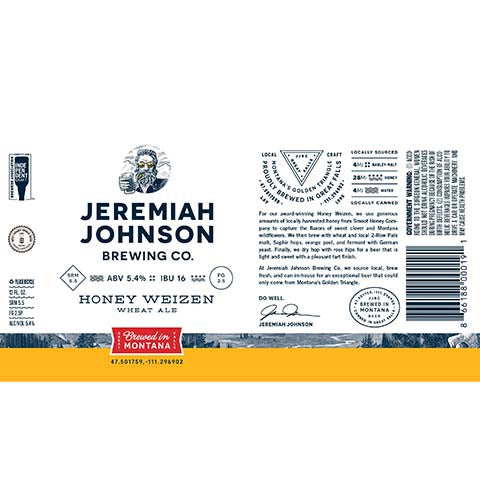 Jeremiah Johnson Honey Weizen Wheat Ale by Jeremiah Johnson Brewing Company, beer label