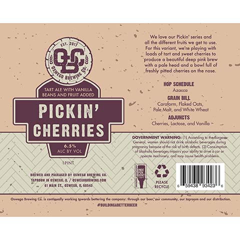 Oswego Pickin' Cherries Tart Ale by Oswego Brewing Company, beer label