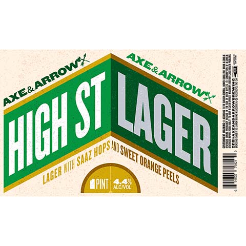 Axe & Arrow High St Lager by Axe & Arrow Brewing, beer label