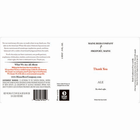Maine Thank You Ale by Maine Beer Co, beer label