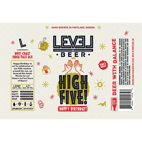 Level Beer High Five! Hoppy Birthday! by Level Beer, beer label