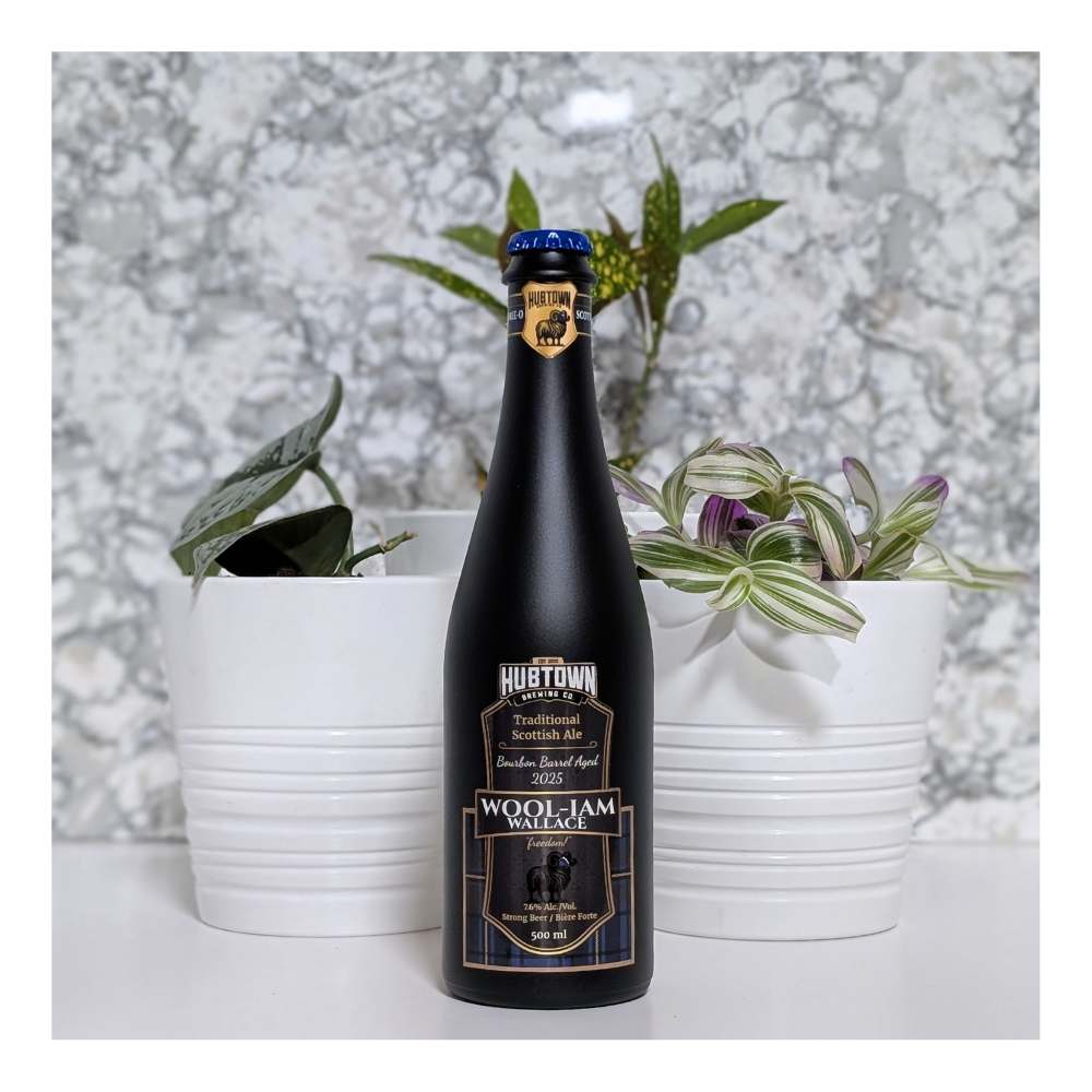 Hub Town Brewing Co. WOOL-iam Wallace Bourbon Barrel Aged Scottish Ale by Hubtown Brewing, beer label