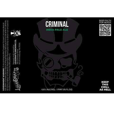 Lovedrafts Criminal IPA by Lovedrafts Brewing Co., beer label