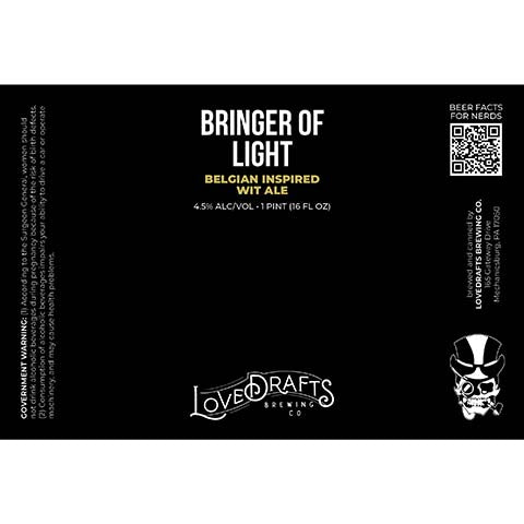 Lovedrafts Bringer Of Light Belgian Wit Ale by Lovedrafts Brewing Co., beer label