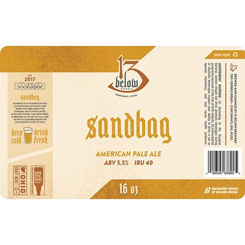 13 Below Sandbag American Pale Ale by 13 Below Brewery, beer label