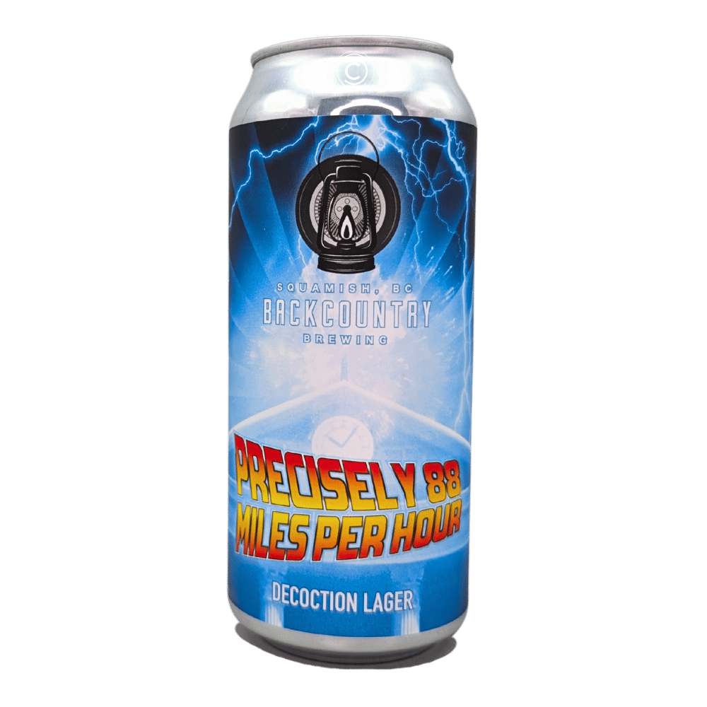 Precisely 88 Miles Per Hour Lager by Backcountry Brewing, beer label