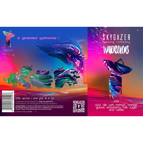 Skygazer Watercolors AI Generated Synthwaves 1 Sour Ale by SKYGAZER Brewing Co, beer label
