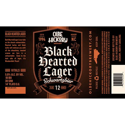 Olde Hickory Black Hearted Lager Schwartzbier by Olde Hickory Brewery, beer label