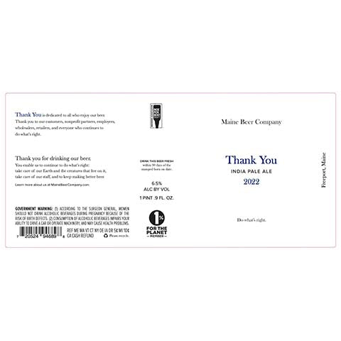 Maine Thank You Ale 2022 by Maine Beer Co, beer label