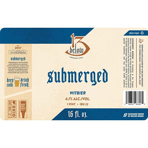 13 Below Submerged Witbier by 13 Below Brewery, beer label