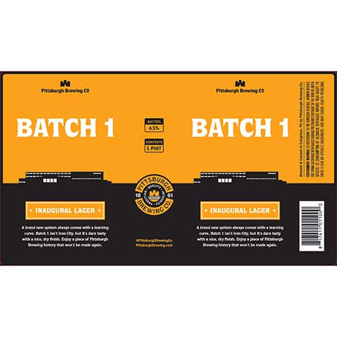 Pittsburgh Batch 1 Inaugaral Lager by Pittsburgh Brewing Co, beer label