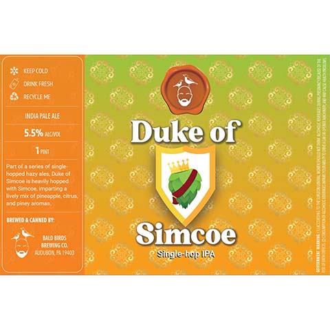Bald Birds Duke of Simcoe Single-Hop IPA by Bald Birds Brewing Co., beer label