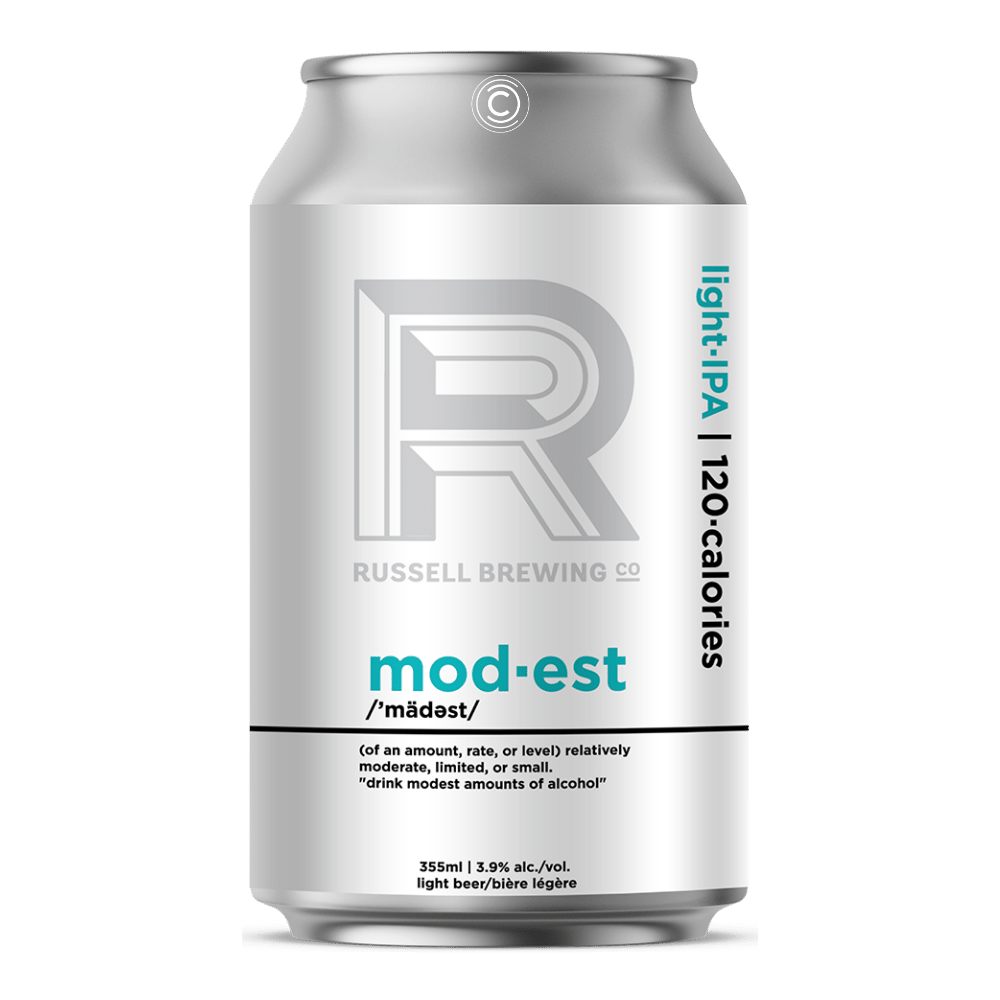 Mod-est Light IPA by Russell Brewing, beer label