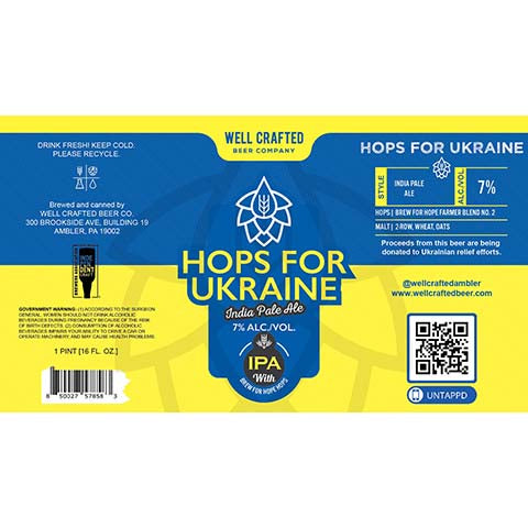 Well Crafted Hops For Ukraine IPA by Well Crafted Beer Co., beer label