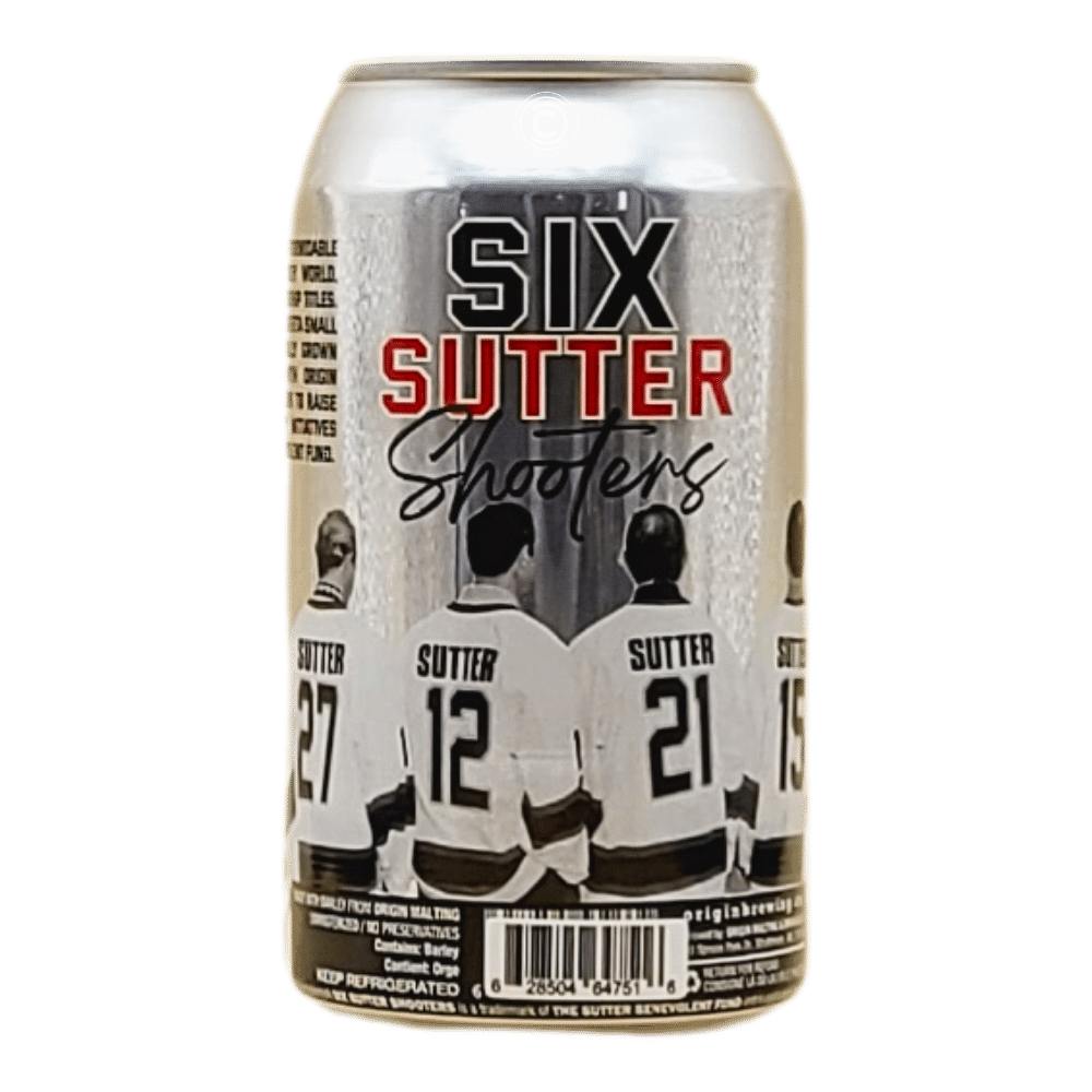 Six Sutter Shooters Lager by Origin Malting & Brewing Co., beer label