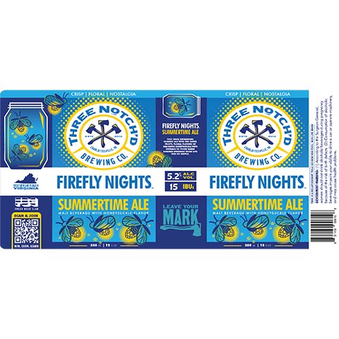 Three Notch'd Firefly Nights Summertime Ale by Three Notch'd Brewing Company, beer label