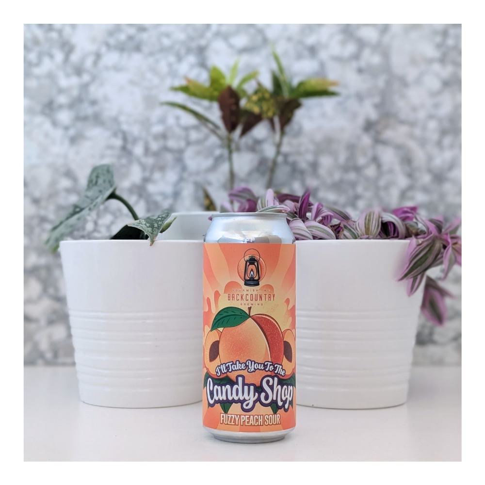 I'll Take You To The Candy Shop Fuzzy Peach Sour by Backcountry Brewing, beer label