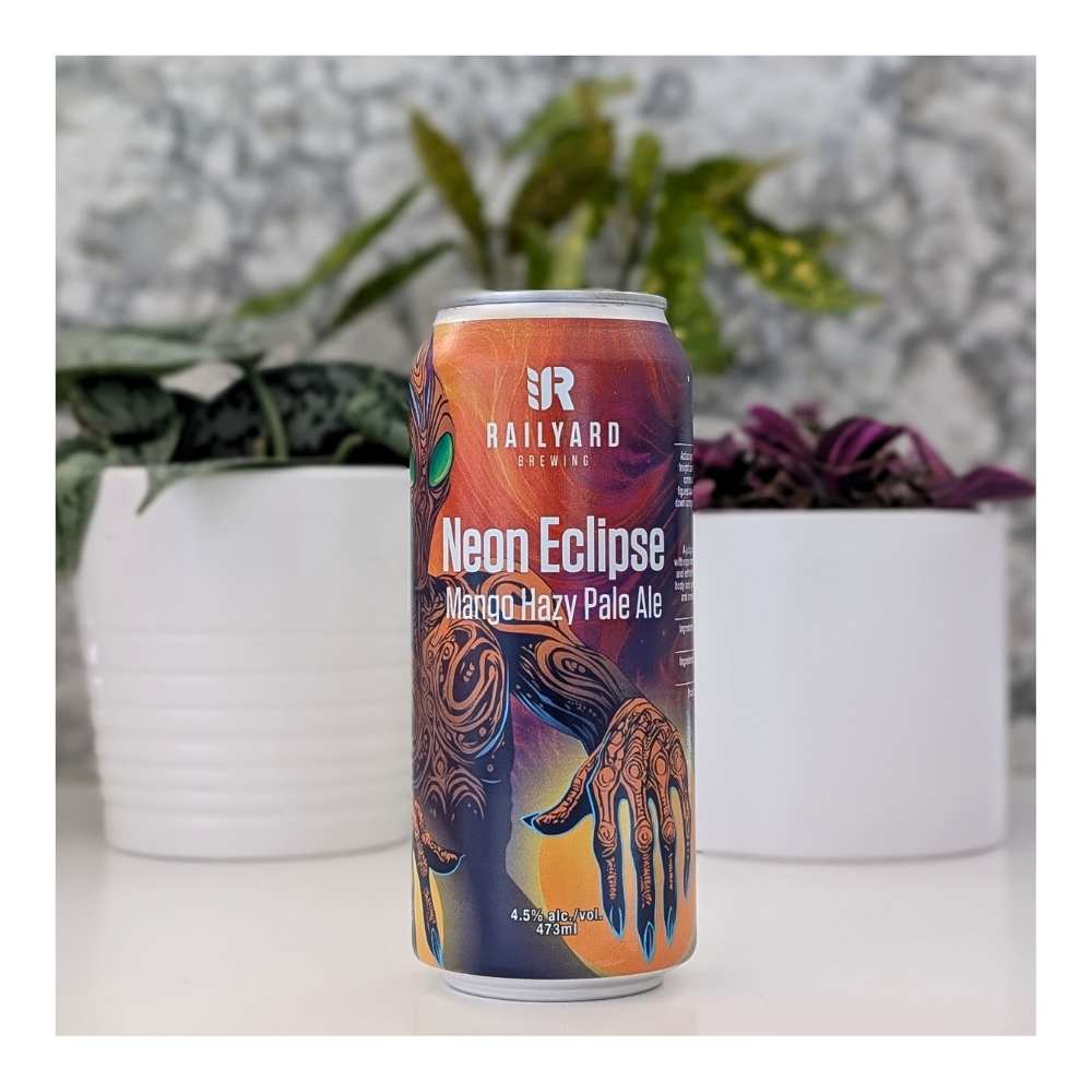 Neon Eclipse Mango Hazy Pale Ale by Railyard Brewing Company, beer label