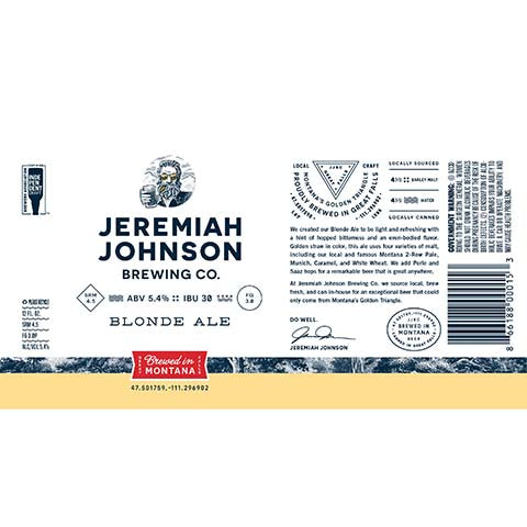Jeremiah Johnson Blonde Ale by Jeremiah Johnson Brewing Company, beer label