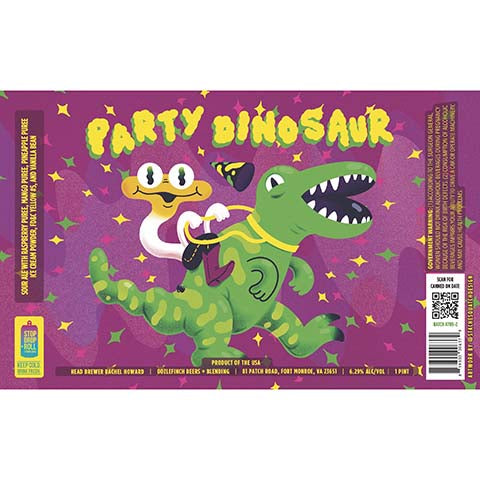 Oozlefinch Party Dinosaur Sour Ale (Raspberry, Mango, Pineapple) by Oozlefinch Beers & Blending, beer label