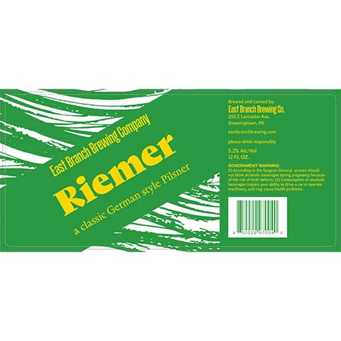 East Branch Riemer Pilsner by East Branch Brewing Company, beer label