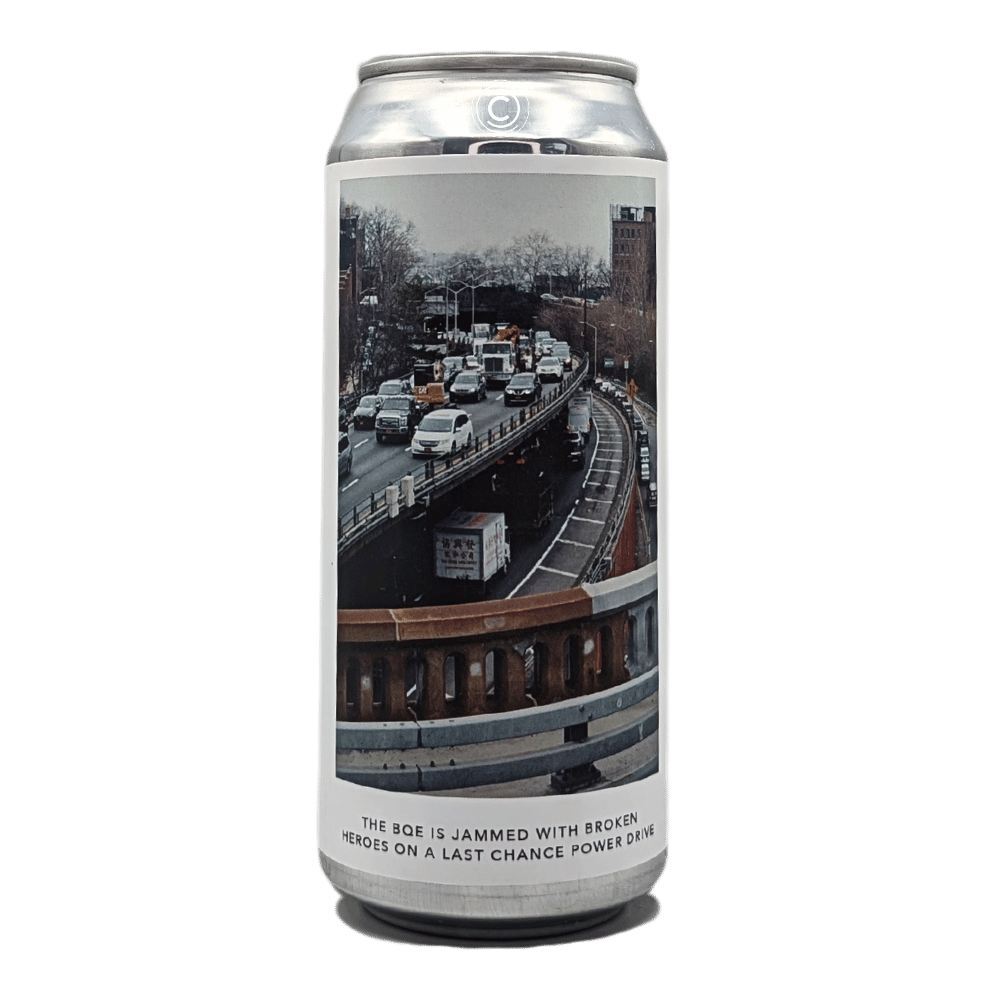 THE BQE IS JAMMED WITH BROKEN HEROES ON A LAST CHANCE POWER DRIVE Hazy Double IPA by Evil Twin Brewing NYC, beer label