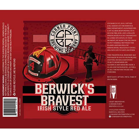 Corner Point Berwick's Bravest Irish Red Ale by Corner Point Brewing Company, beer label