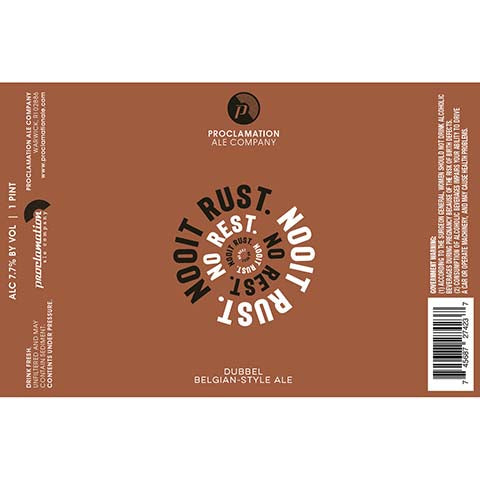 Proclamation Nooit Rust Belgian Dubbel by Proclamation Ale Company, beer label
