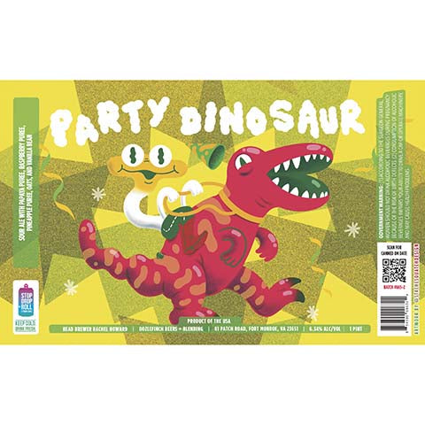 Oozlefinch Party Dinosaur Sour Ale (Papaya, Raspberry, Pineapple) by Oozlefinch Beers & Blending, beer label