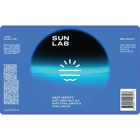 Sun Lab Hazy Nights Hazy IPA by Westbrook Brewing Co, beer label