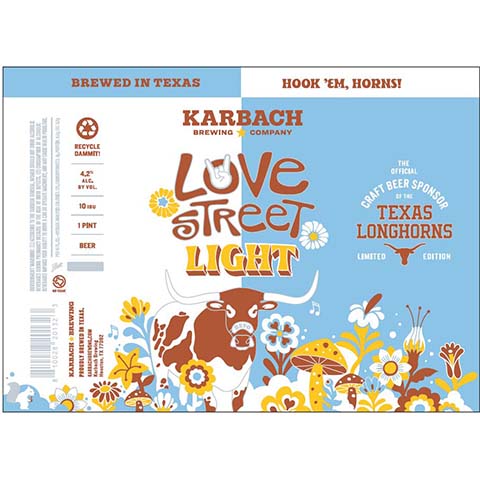 Karbach Love Street Light Texas Loghorn Bevo by Karbach Brewing Co, beer label