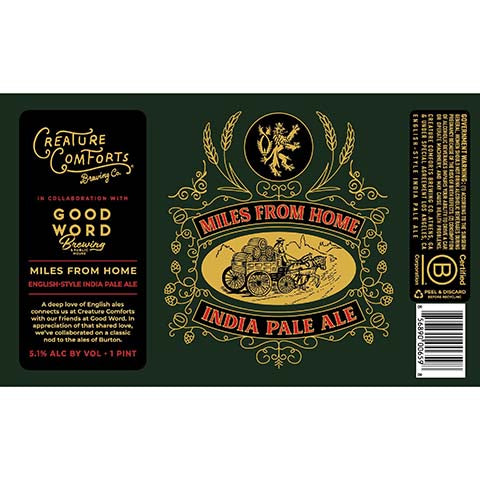Creature Comforts Miles From Home IPA by Creature Comforts Brewing Co., beer label