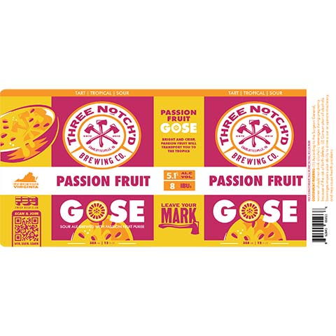 Three Notch'd Passion Fruit Gose Ale by Three Notch'd Brewing Company, beer label