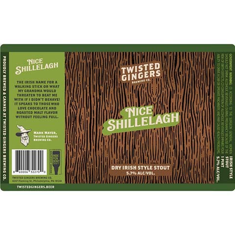 Twisted Gingers Nice Shillelagh Stout by Twisted Gingers Brewing Co., beer label
