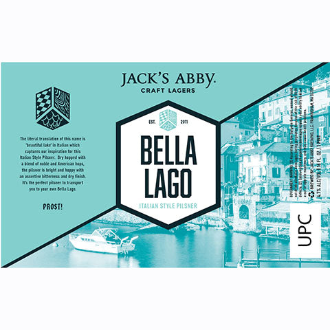 Jack's Abby Bella Lago Italian Style Pilsner by Jack's Abby Brewing LLC, beer label