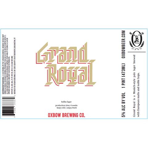 Oxbow Grand Royal Lager by Oxbow Brewing Co, beer label