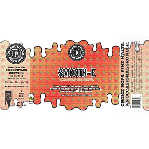 Disgruntled Smooth-e Strawberry Cheesecake Sour Ale by Disgruntled Brewing, beer label