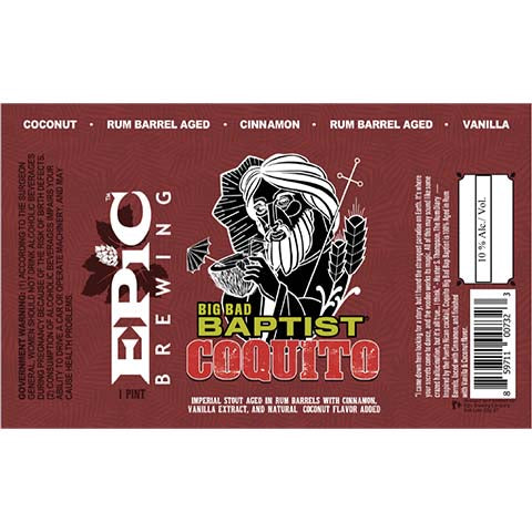Epic Big Bad Baptist Coquito Imperial Stout by Epic Brewing Company, beer label