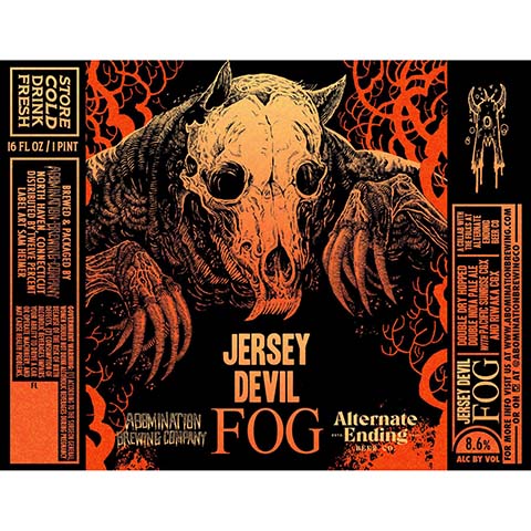 Abomination Jersey Devil Fog DIPA by Abomination Brewing Company, beer label