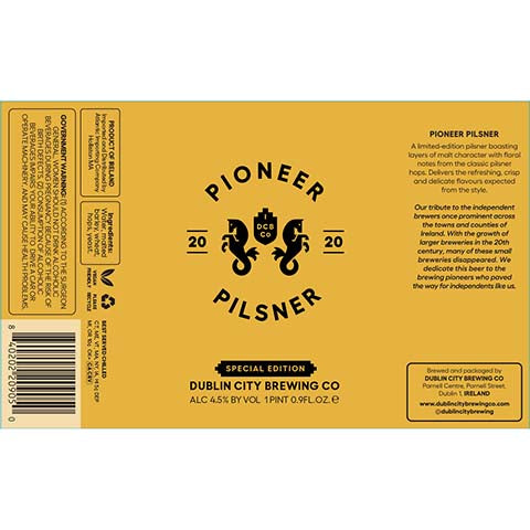 Dublin City Pioneer Pilsner by Dublin City Brewing Co., beer label