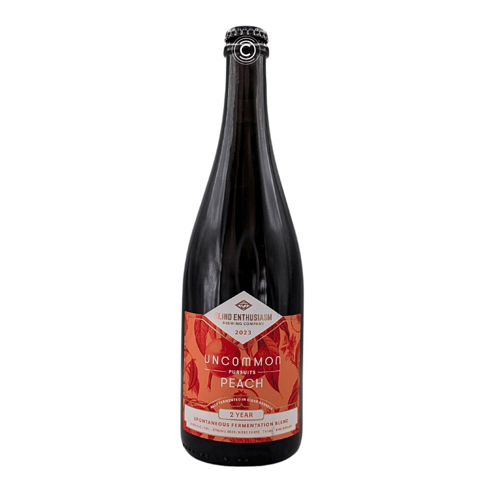 Uncommon Pursuits: Peach Mixed Fermentation Sour by Blind Enthusiasm Brewing Company x Uncommon Cider Co., beer label