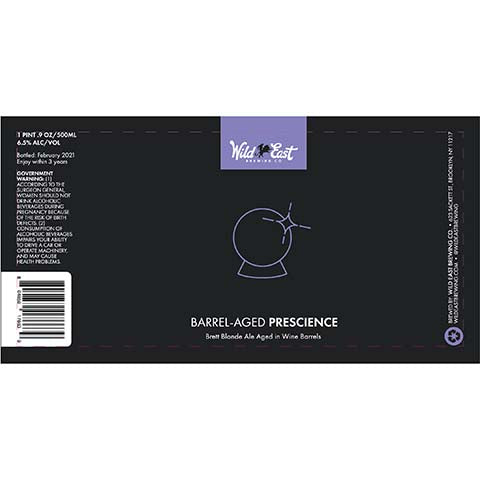 Barrel-Aged Prescience Brett Blonde Ale by Wild East Brewing Co, beer label
